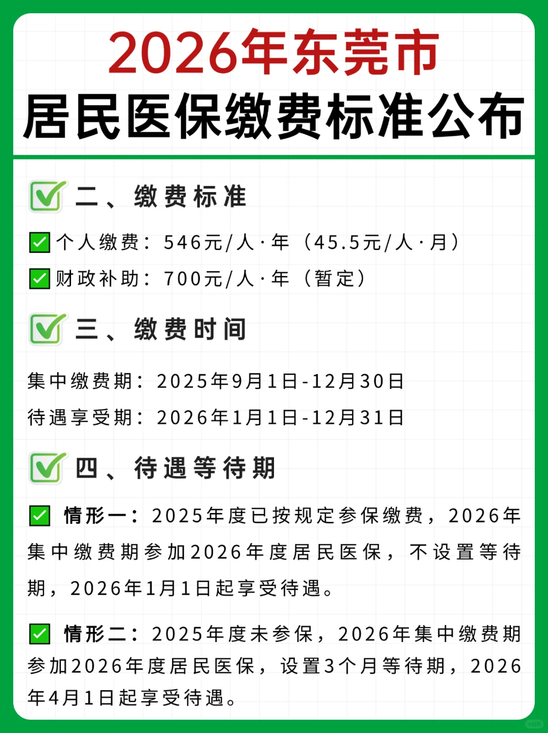 2026年东莞居民医保缴费标准公布！