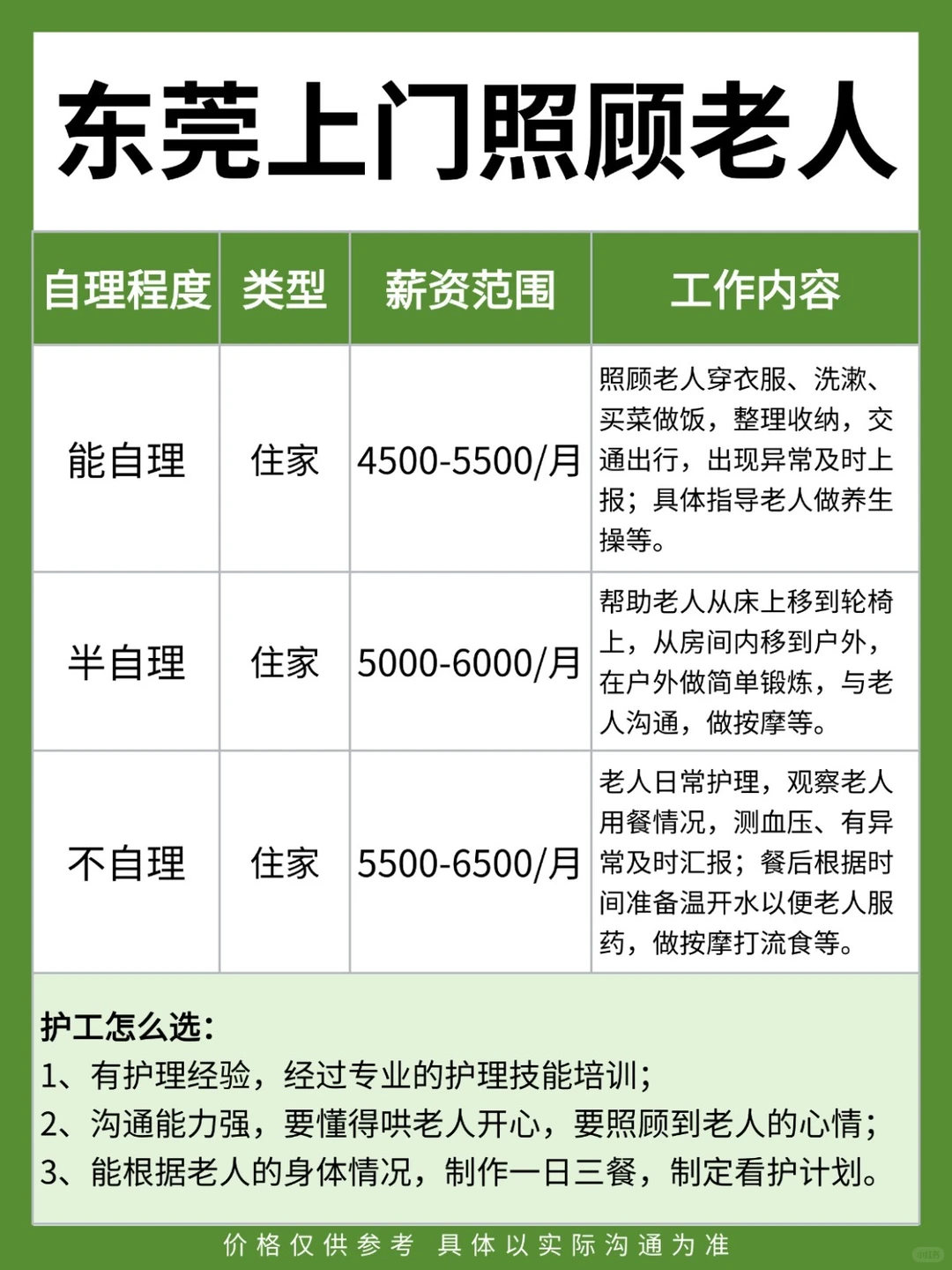 东莞上门照顾老人价格表