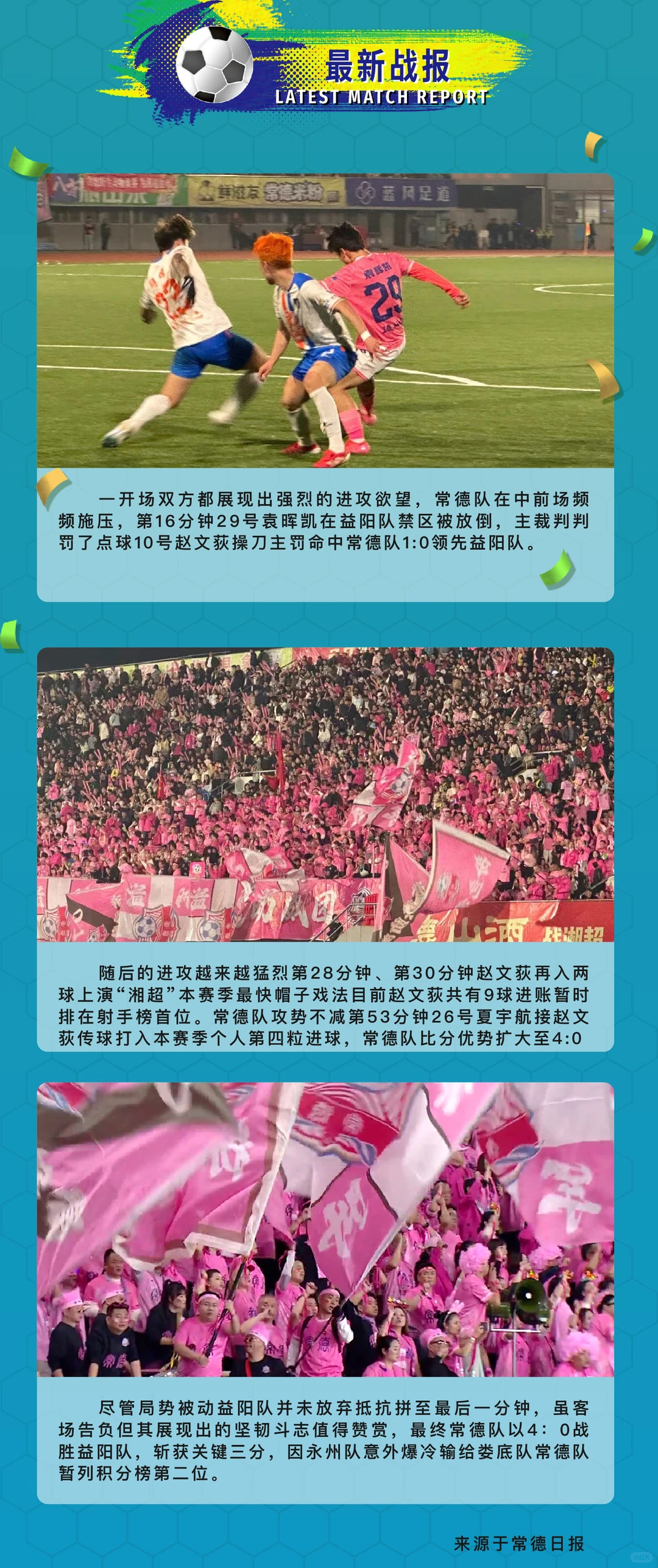 势如破竹！常德主场四球大胜益阳，全取三分