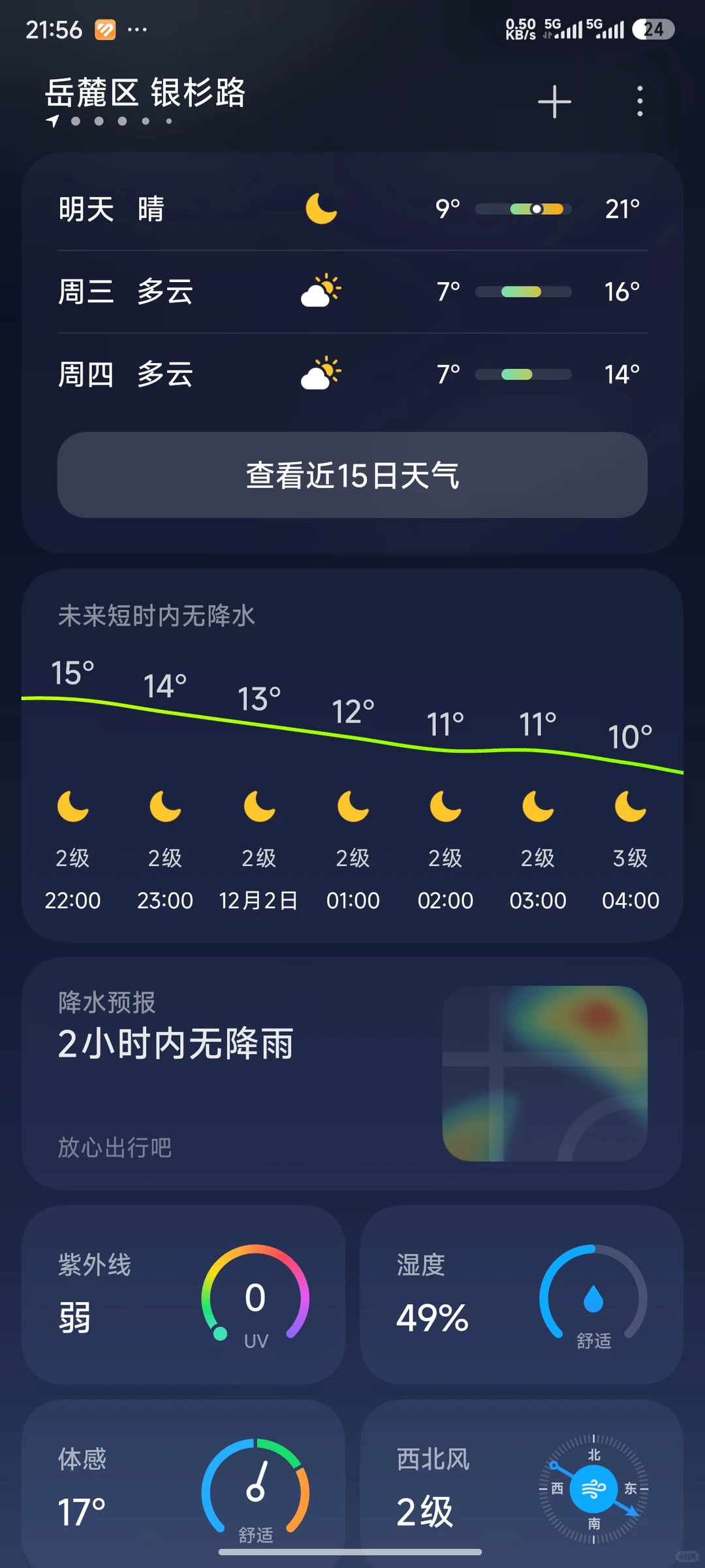 长沙每日即时天气（12.1）晚上有点冷