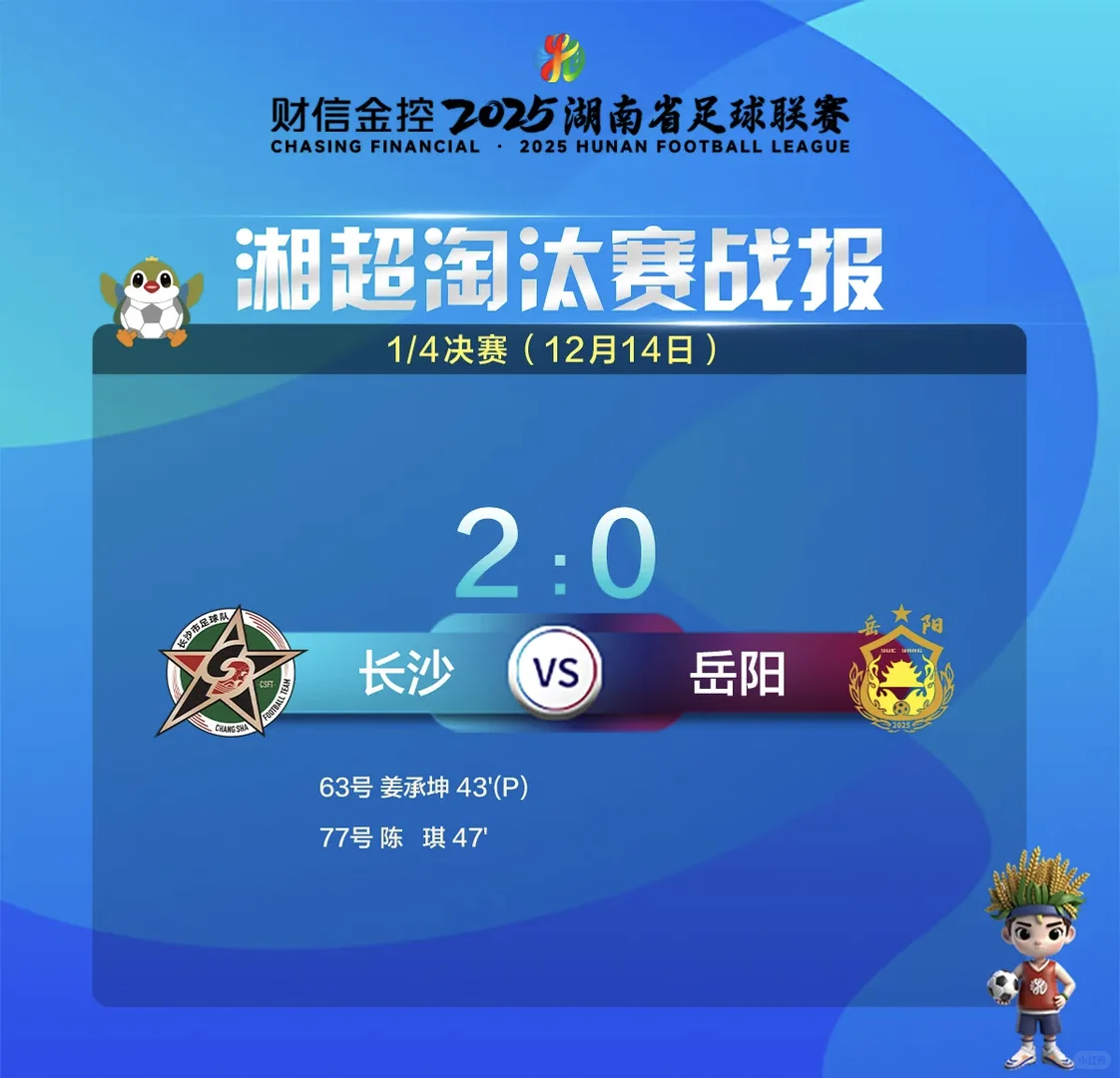 湘超淘汰赛:长沙株洲常德永州晋级4强