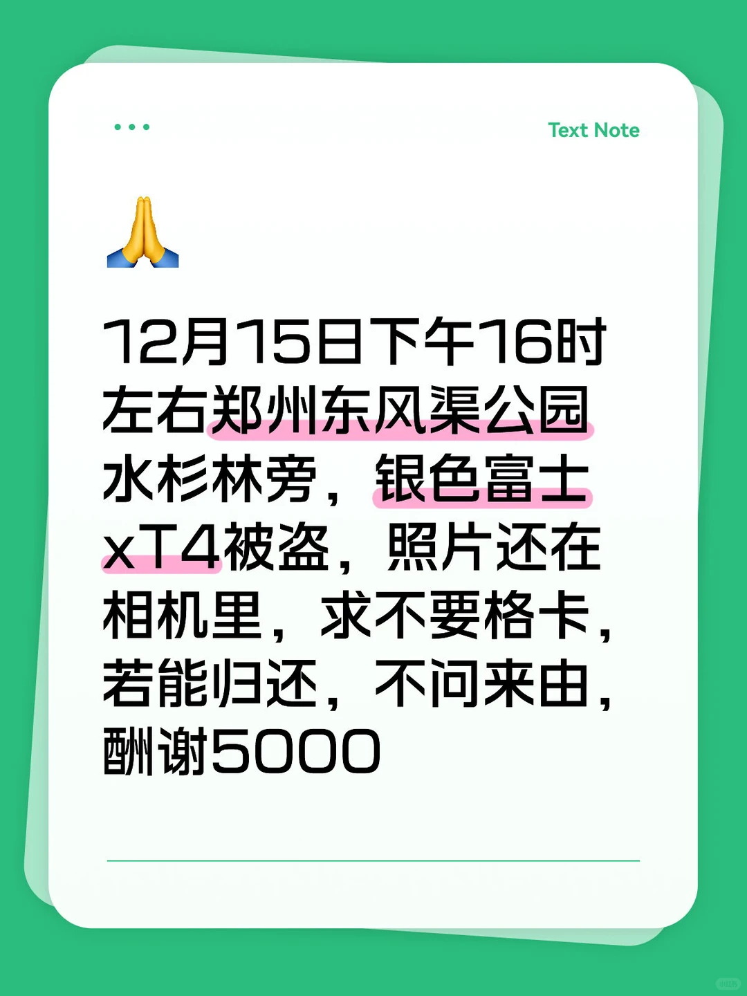 郑州东风渠水杉林银色富士相机丢失