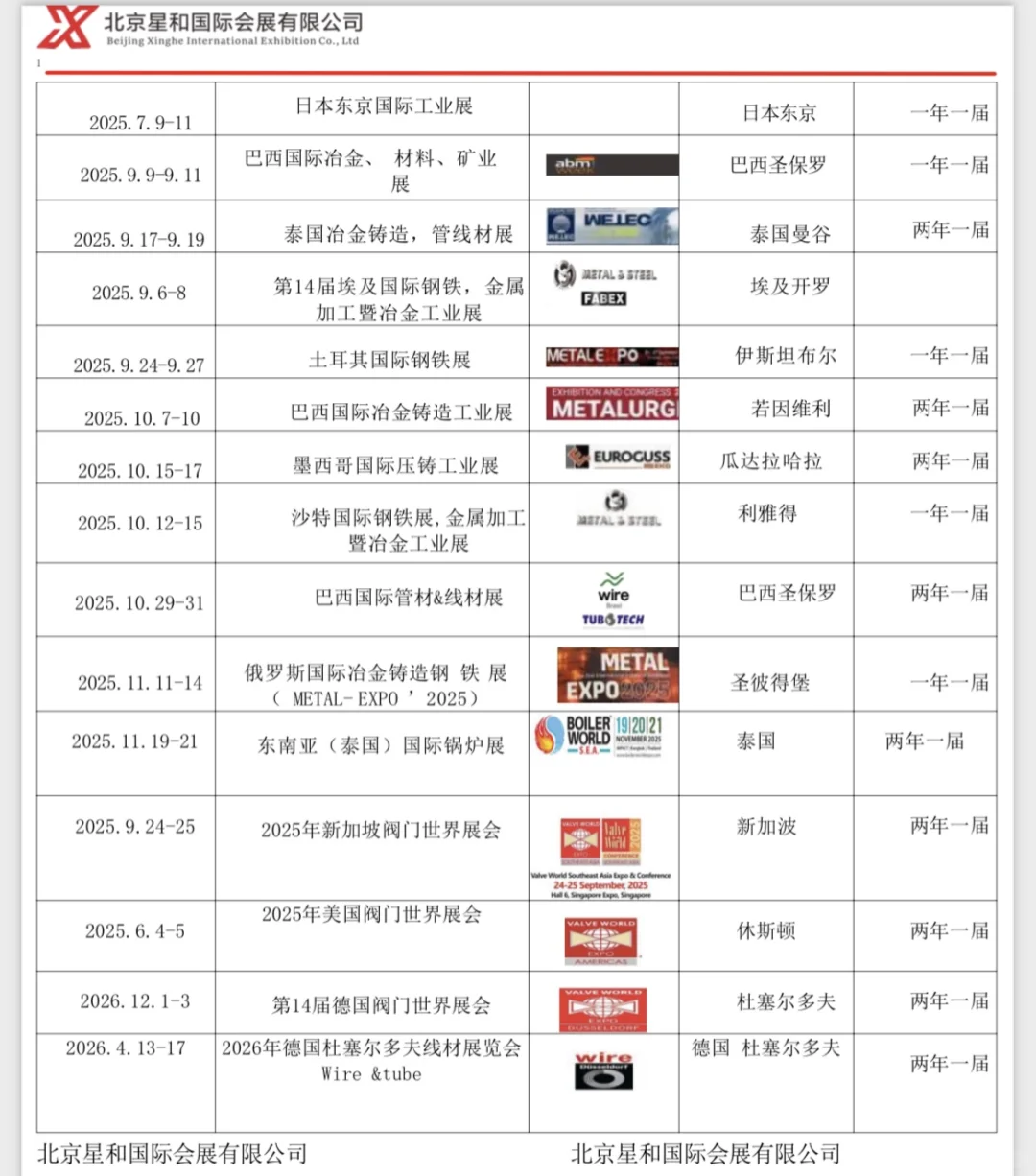 2025年国际会展计划表