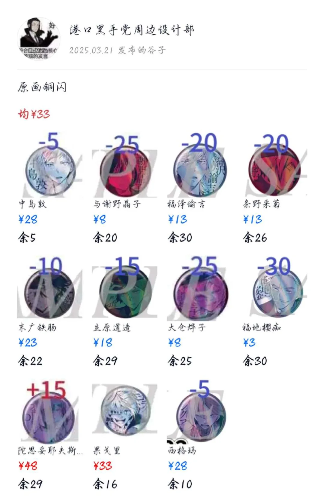 推推 文豪野犬大博览会旧铜闪再贩余量
