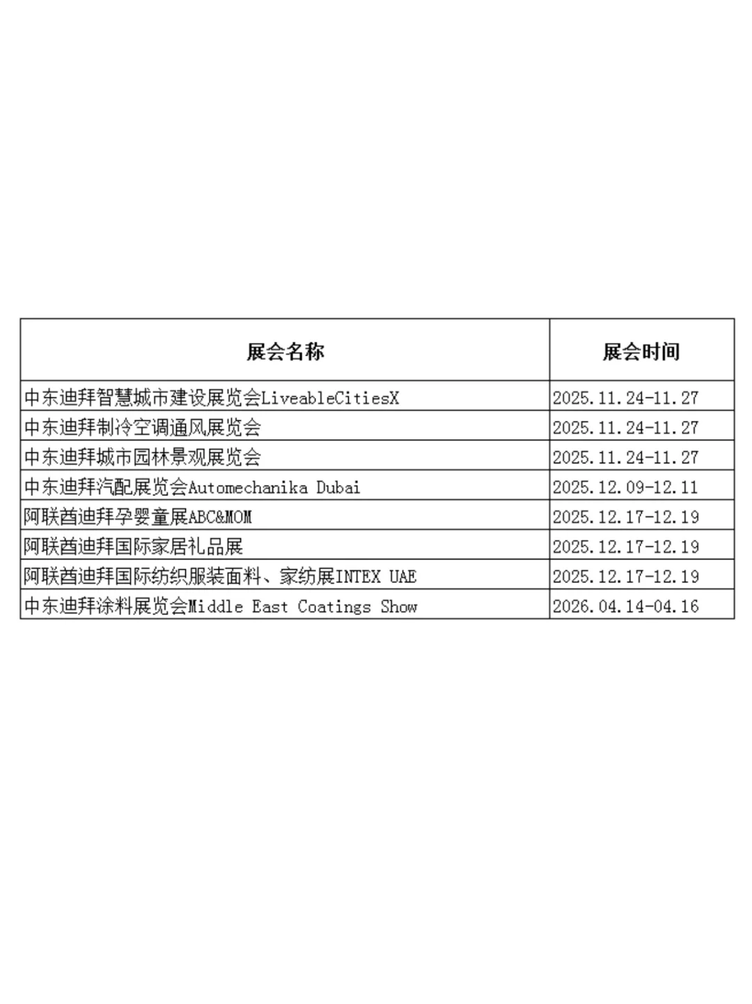 迪拜2025年展会时间表丨迪拜展会排期