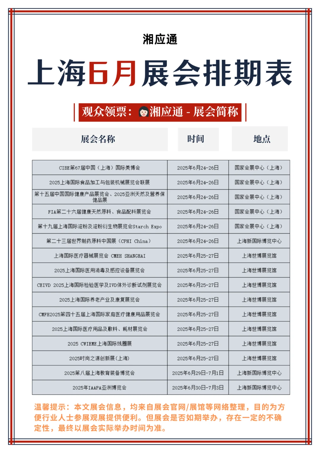 上海6月展会排期表，建议收藏！