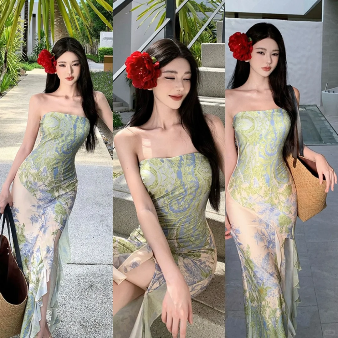 海边度假必备?性感印花长裙
