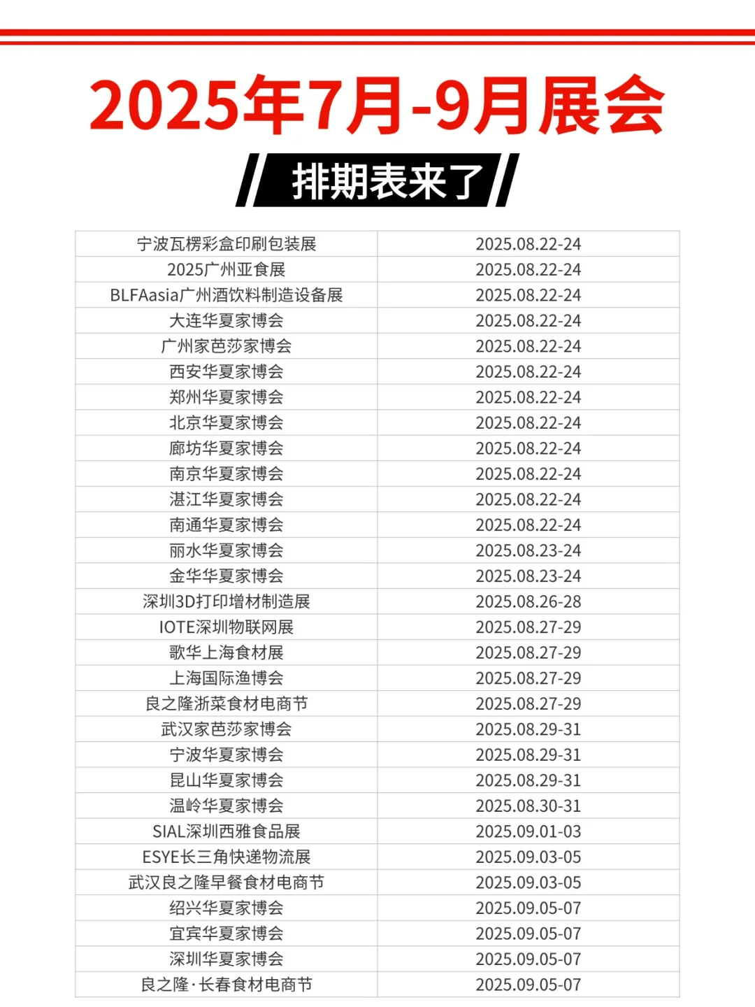 2025年全国7月、8月、9月展会时间表来了