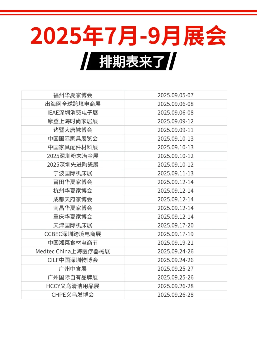 2025年全国7月、8月、9月展会时间表来了