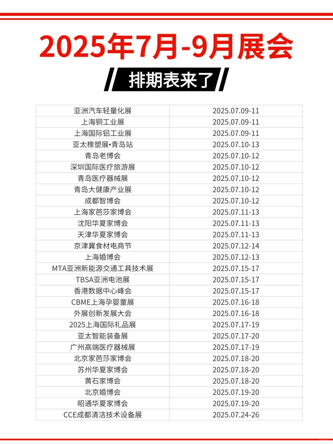 2025年全国7月、8月、9月展会时间表来了
