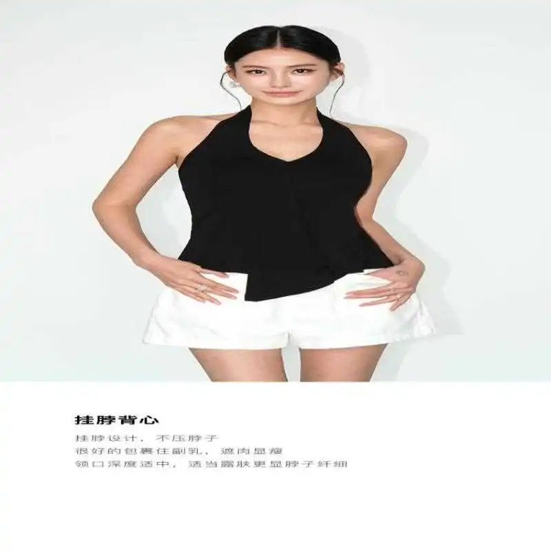 NEVA HU 黑色挂脖V领无袖辣妹背心