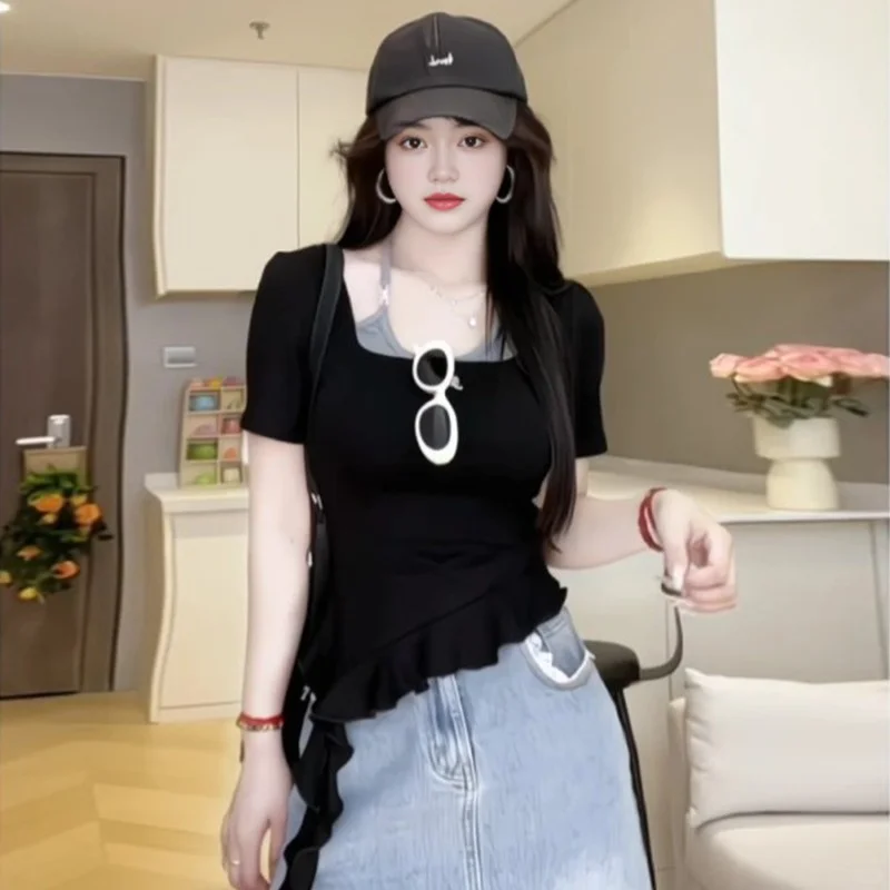 大码胖mm美式辣妹挂脖假两件T恤