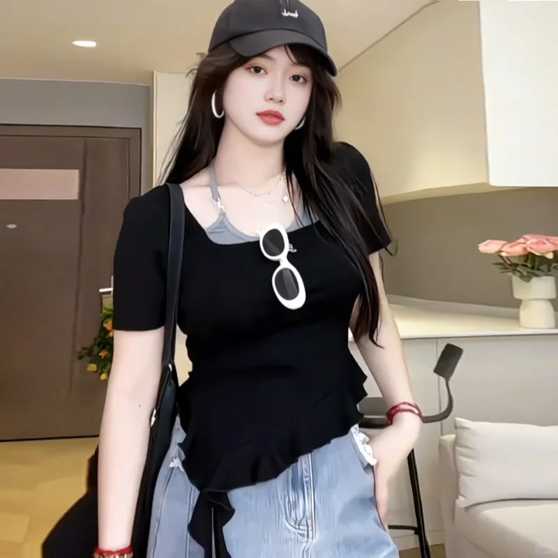 大码胖mm美式辣妹挂脖假两件T恤