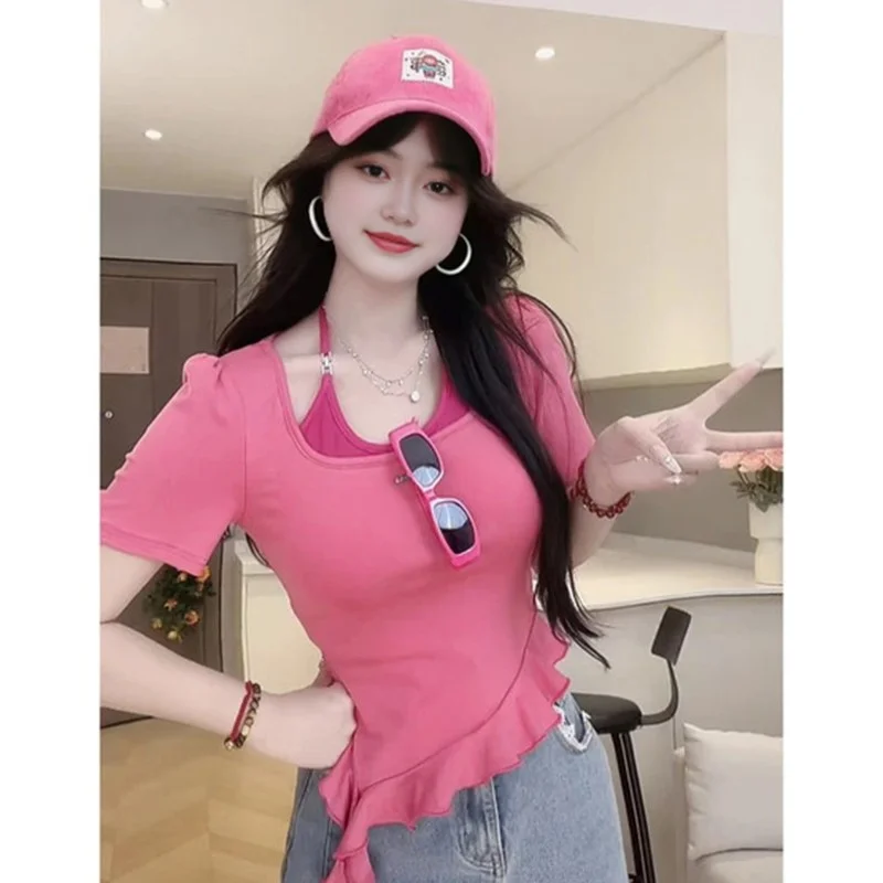 大码胖mm美式辣妹挂脖假两件T恤