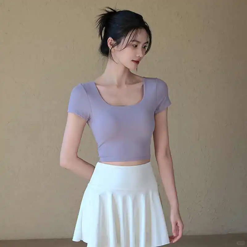 瑜伽服女夏季高颜值运动上衣带胸垫短袖T恤