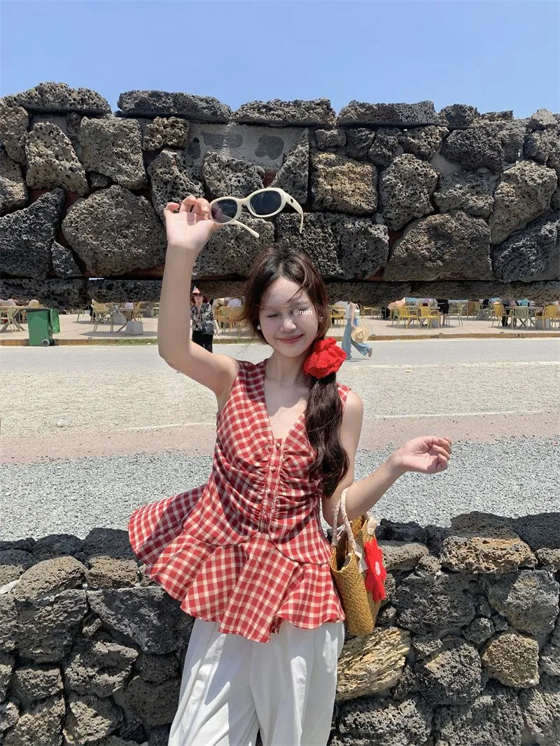 氧气明媚感穿搭❗❗红色格子巨显白