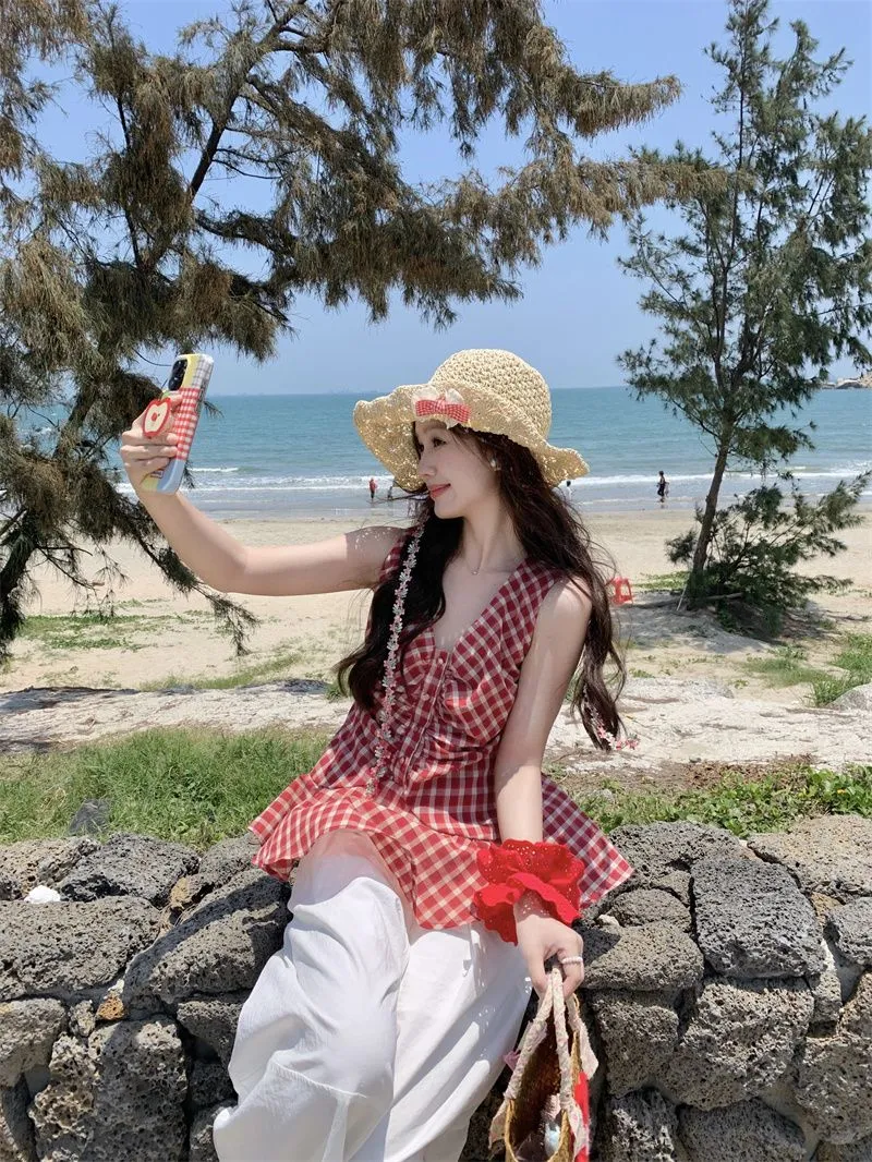 氧气明媚感穿搭❗❗红色格子巨显白