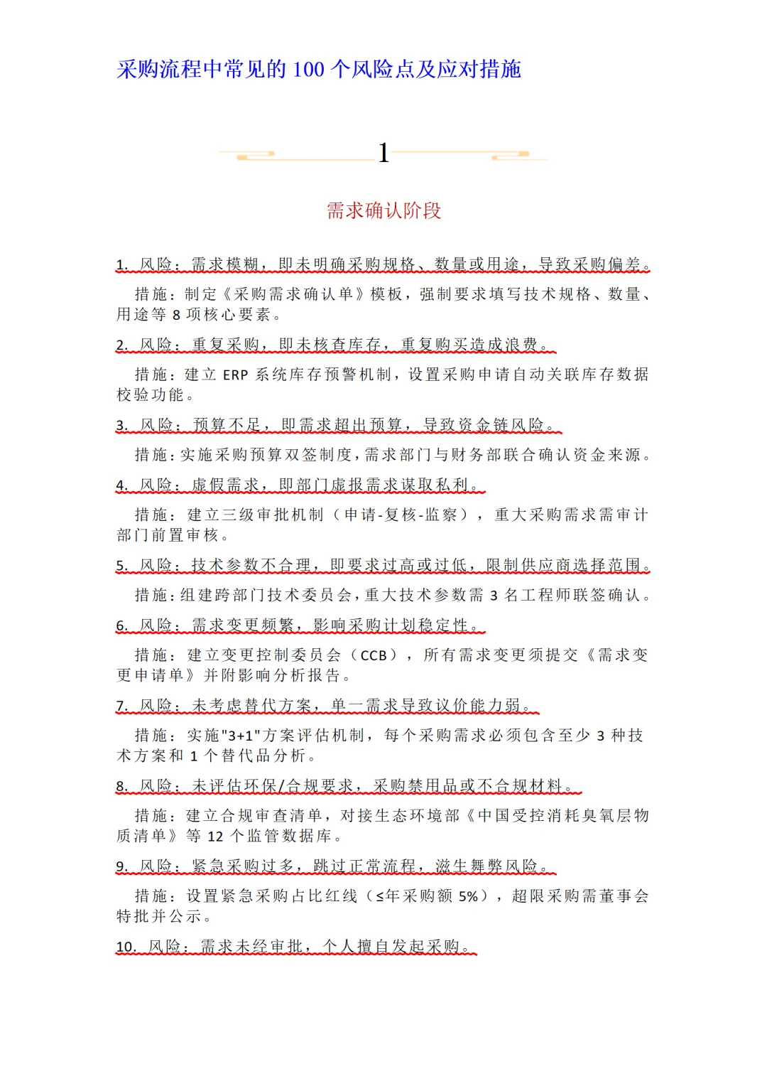 采购流程中常见的100个风险点及应对措施