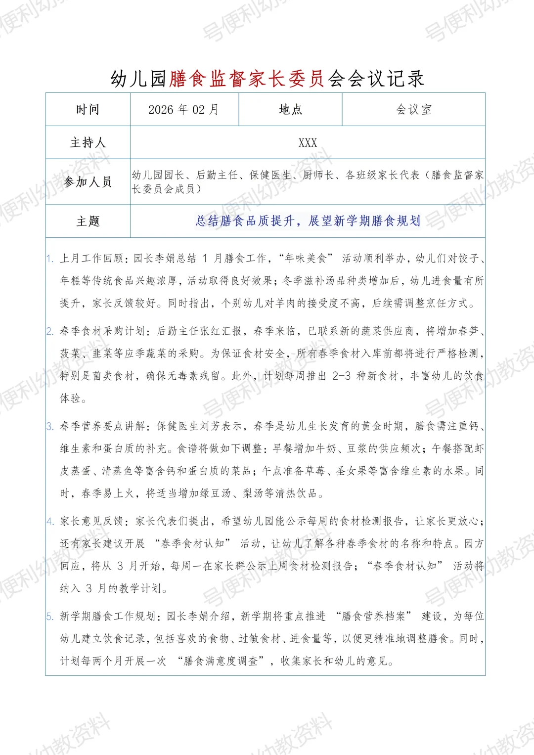 2025幼儿园秋季膳食监督家长委员会会议记录