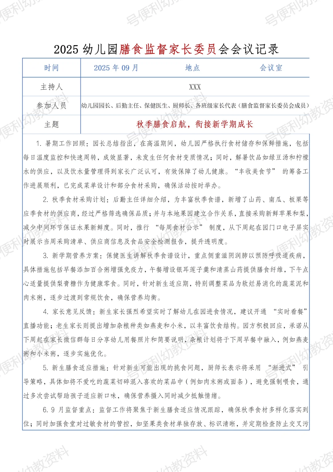 2025幼儿园秋季膳食监督家长委员会会议记录