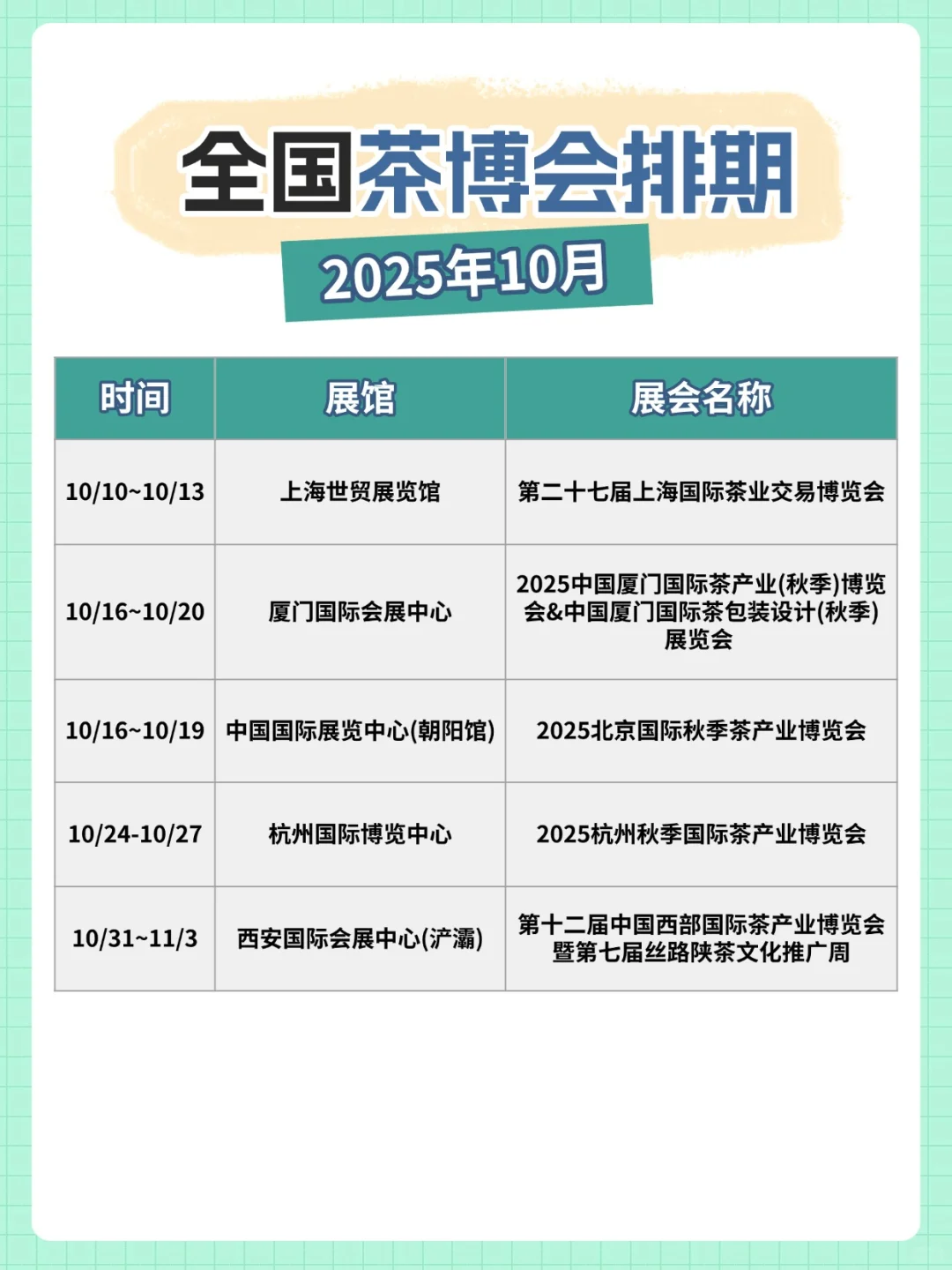 2025年10月全国茶博会排期表出炉，速收藏→