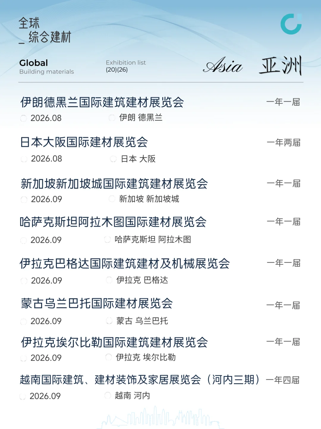 全球综合建材展会排期 | 2026展会一览表?