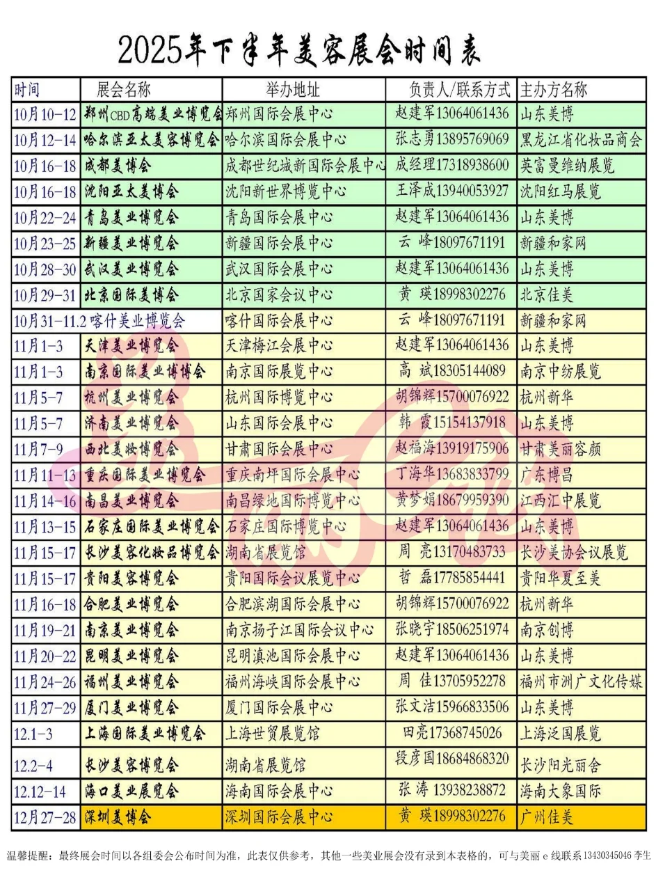 2025年10月一12月全国美博会时间表