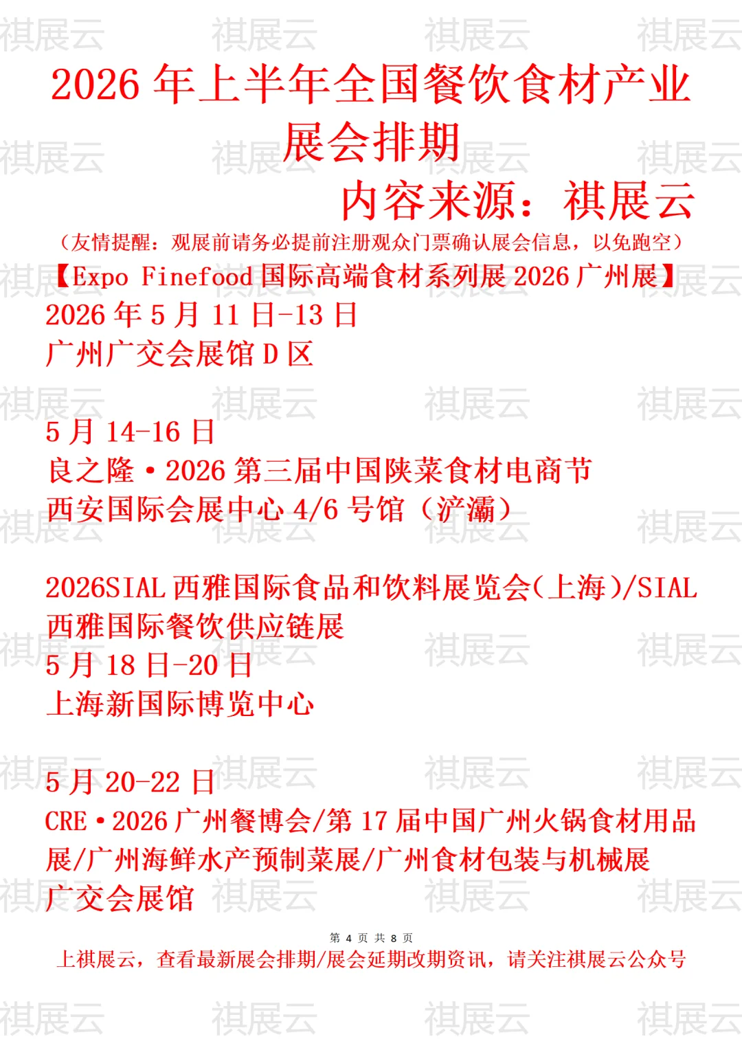 2026年上半年全国餐饮食材产业展会排期