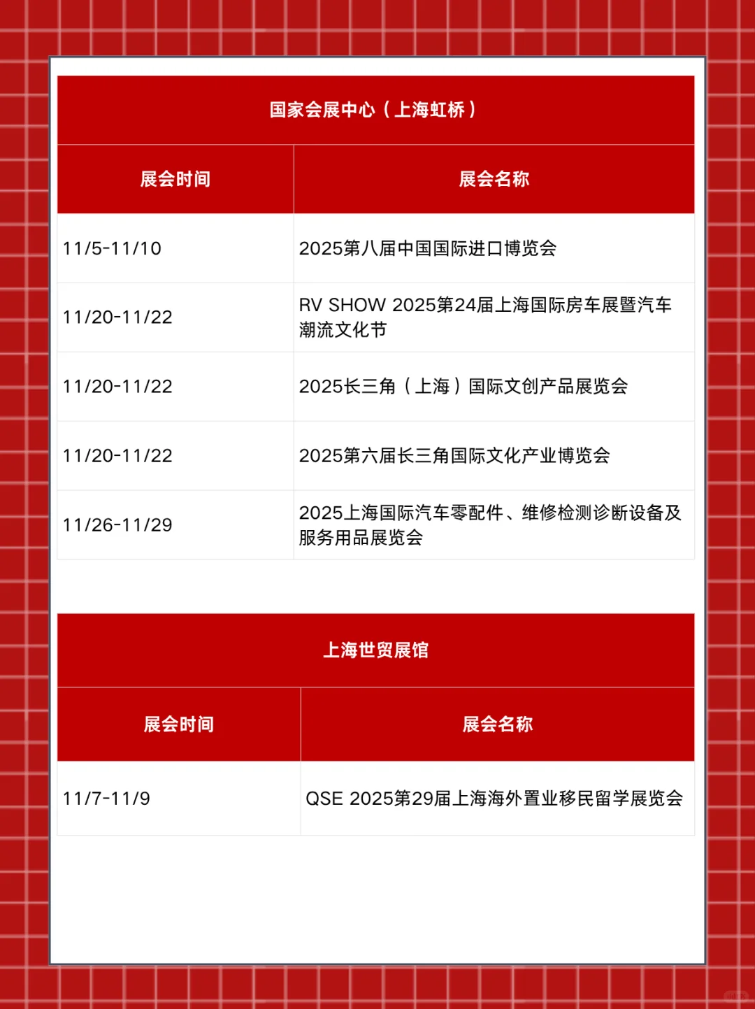 上海展会2025时间表（11月展会排期）