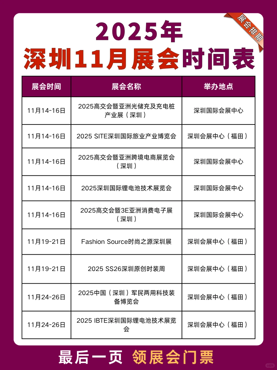 深圳11月展会排期时间表+地址+门票领取