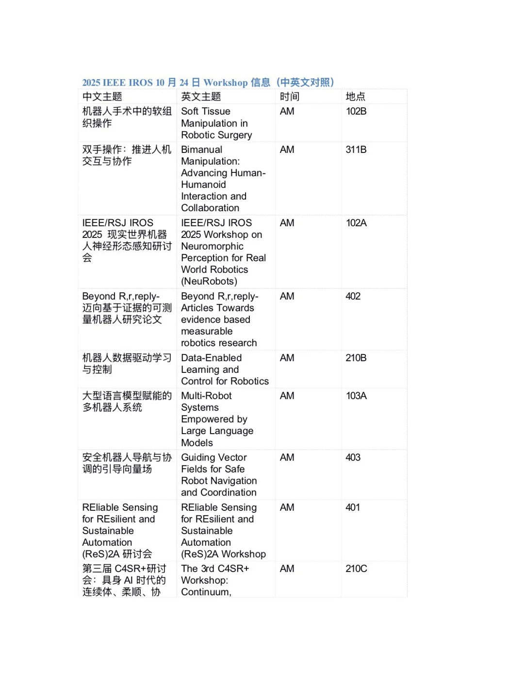 2025IROS 10月20日、24日Workshop研讨会信息