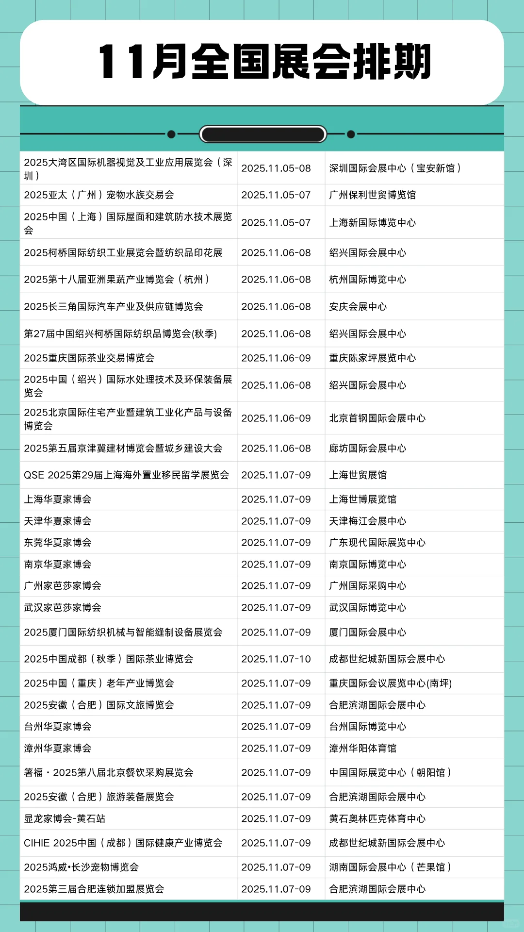 11月全国展会时间表一览（最新整理）