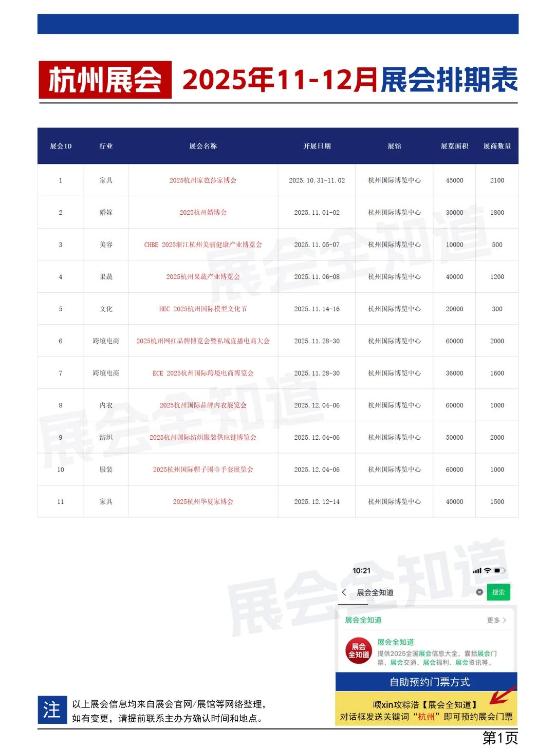 【2025年11月】杭州展会排期时间表（门票）