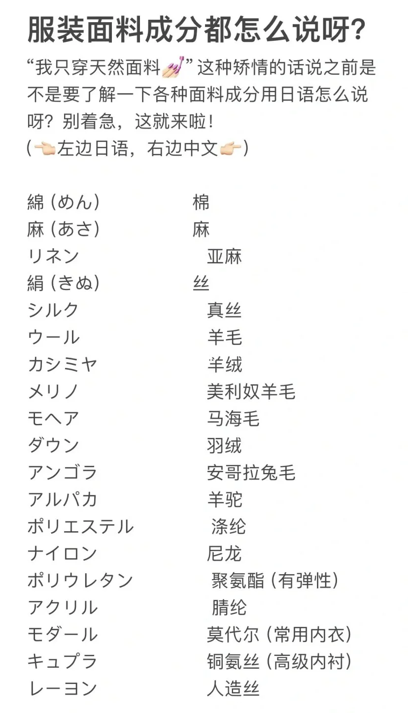日文英语面料成分对照表