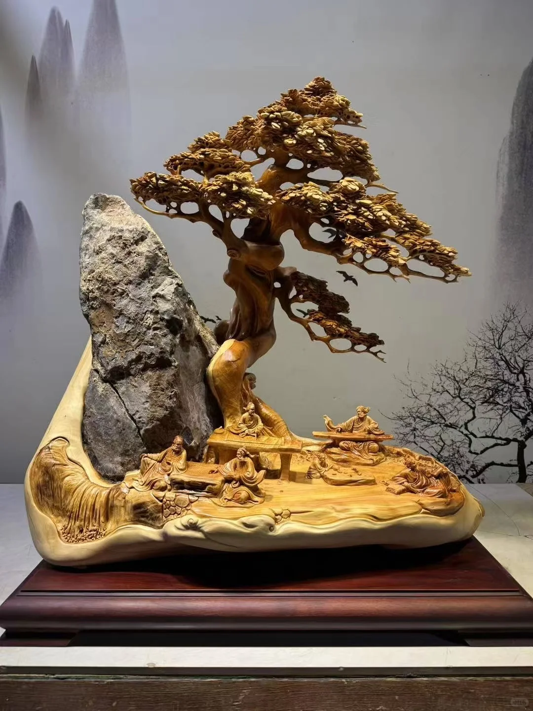 有山有树有人物的奇石根雕摆件，太美了！