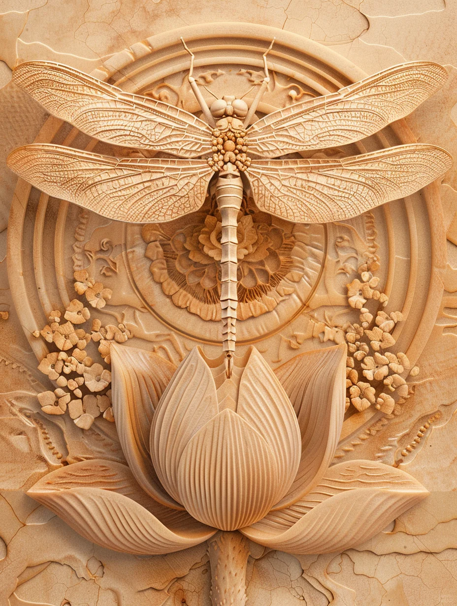 蜻蜓 荷花 吉祥图案 檀香木雕 mj