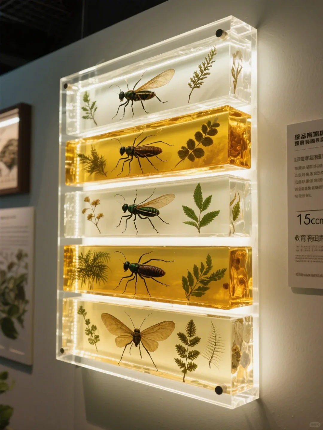 多层透明树脂浇铸化石昆虫雕塑