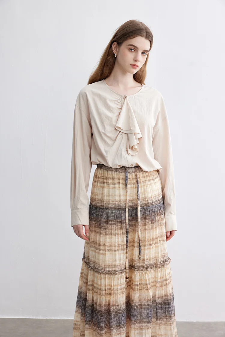 不对称剪裁 日系荷叶边门襟长袖衬衫