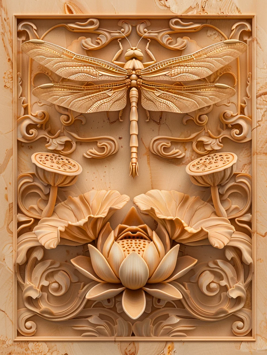蜻蜓 荷花 吉祥图案 檀香木雕 mj