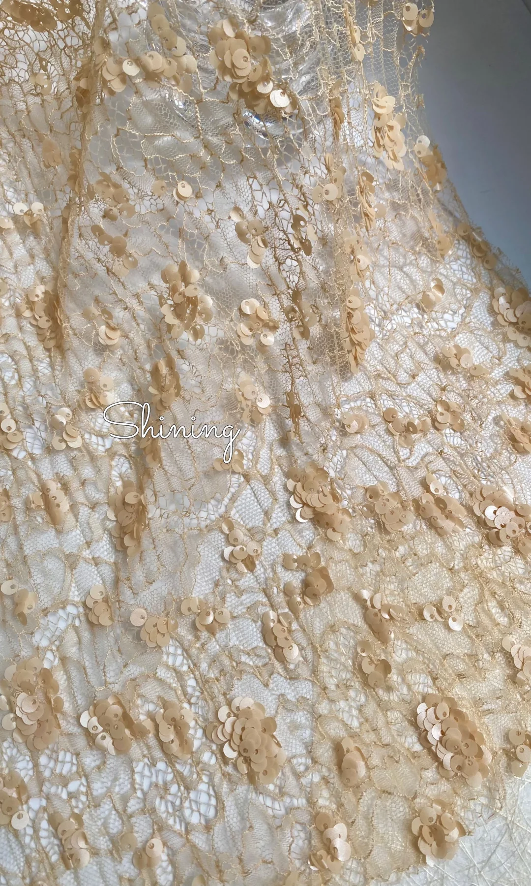 香槟色压皱蕾丝珠片绣花、太美了！