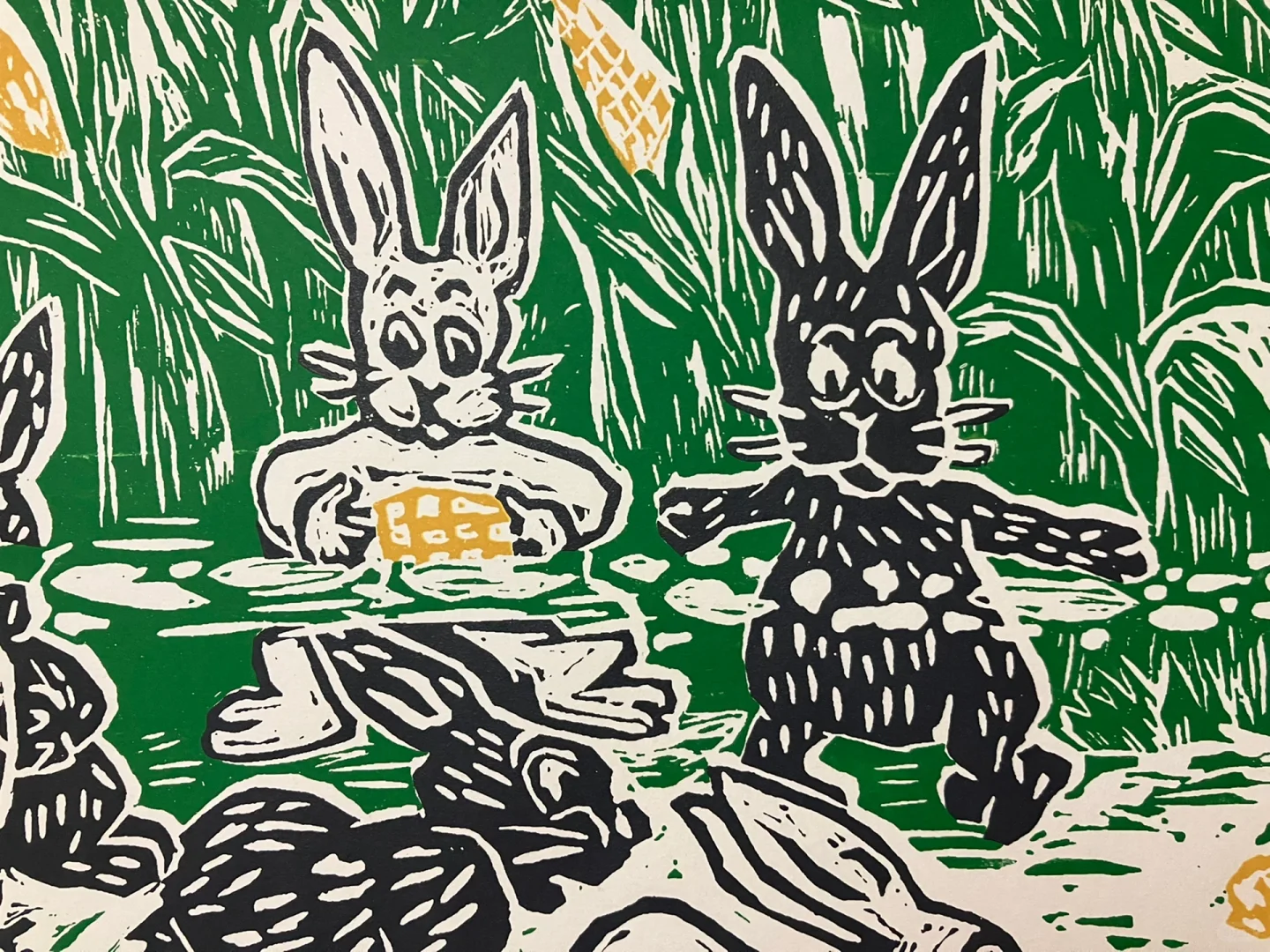 我做的小版画《偷玉米的兔子们》