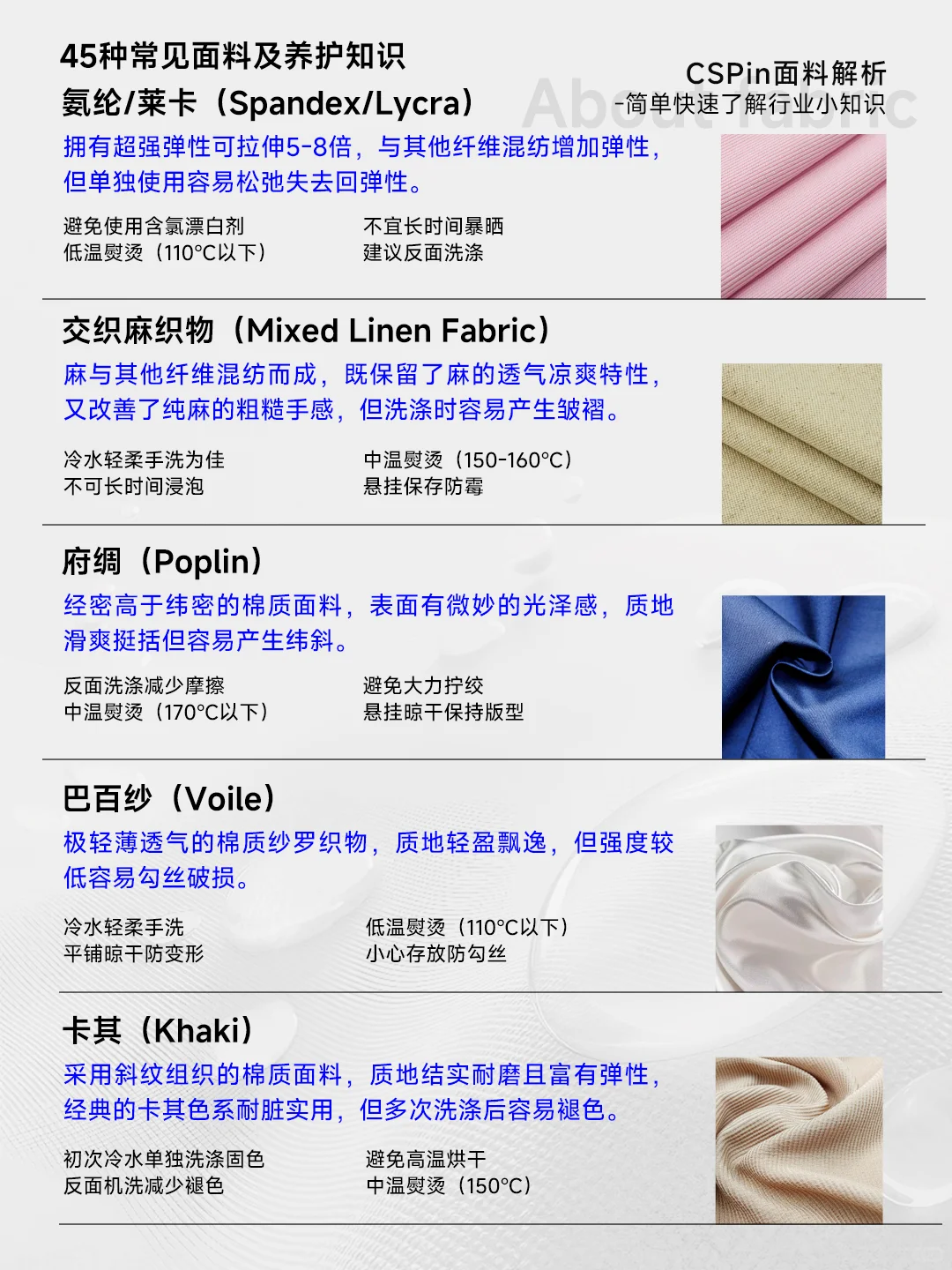 一篇概括市面上45种最常见面料(介绍及养护