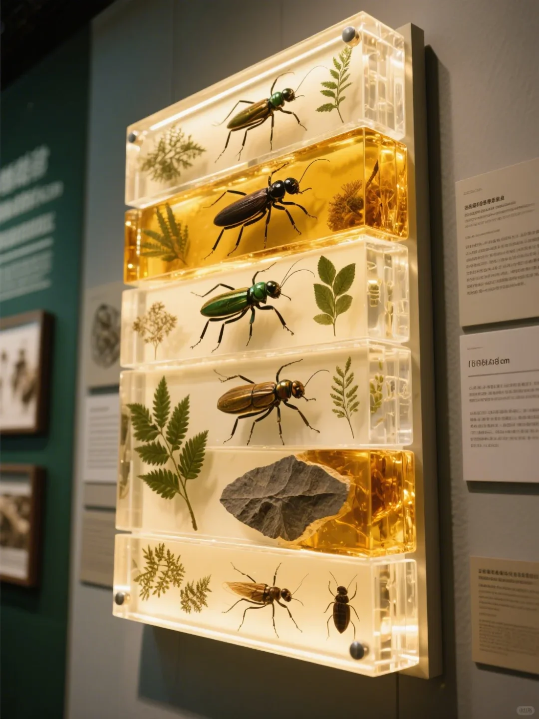 多层透明树脂浇铸化石昆虫雕塑