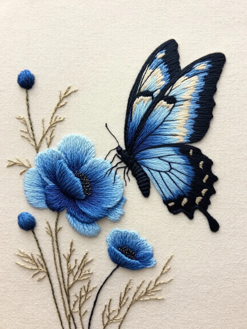 刺绣素材 | 蝴蝶与花朵刺绣图案