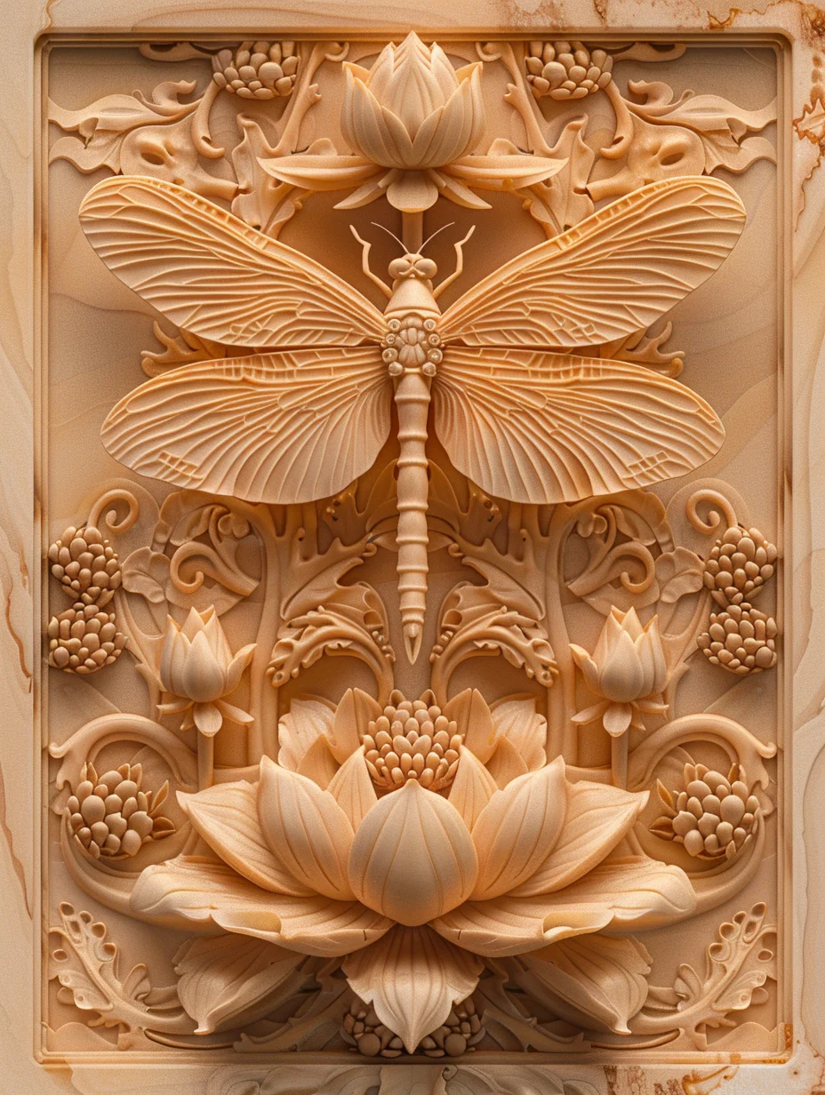 蜻蜓 荷花 吉祥图案 檀香木雕 mj