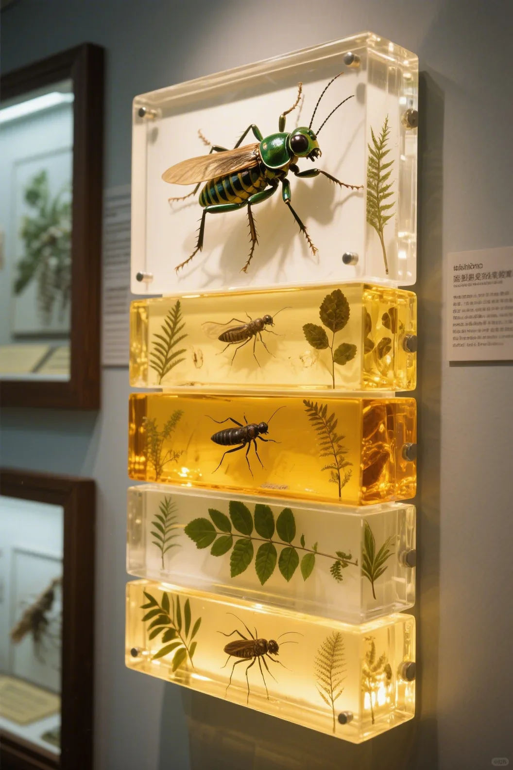 多层透明树脂浇铸化石昆虫雕塑
