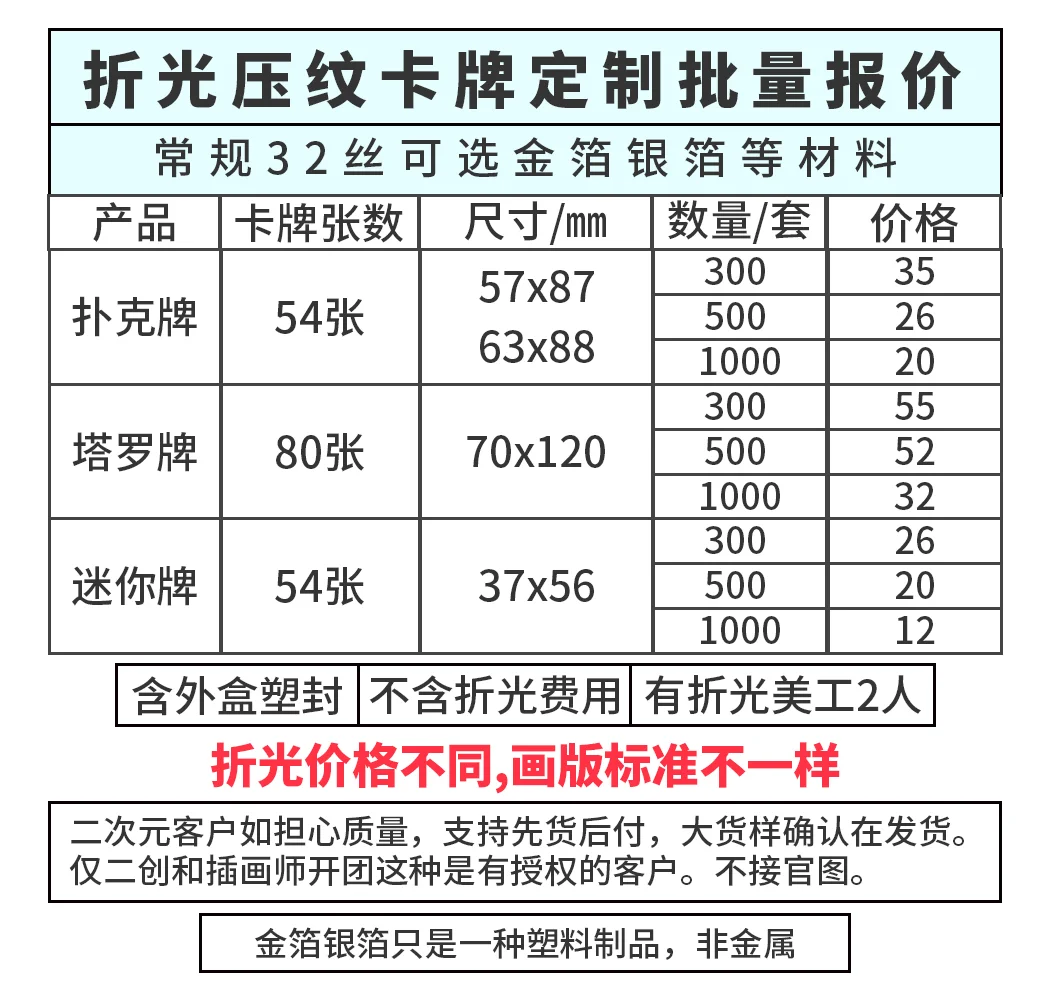 折光压纹卡牌价目表&