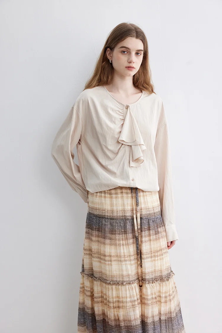 不对称剪裁 日系荷叶边门襟长袖衬衫