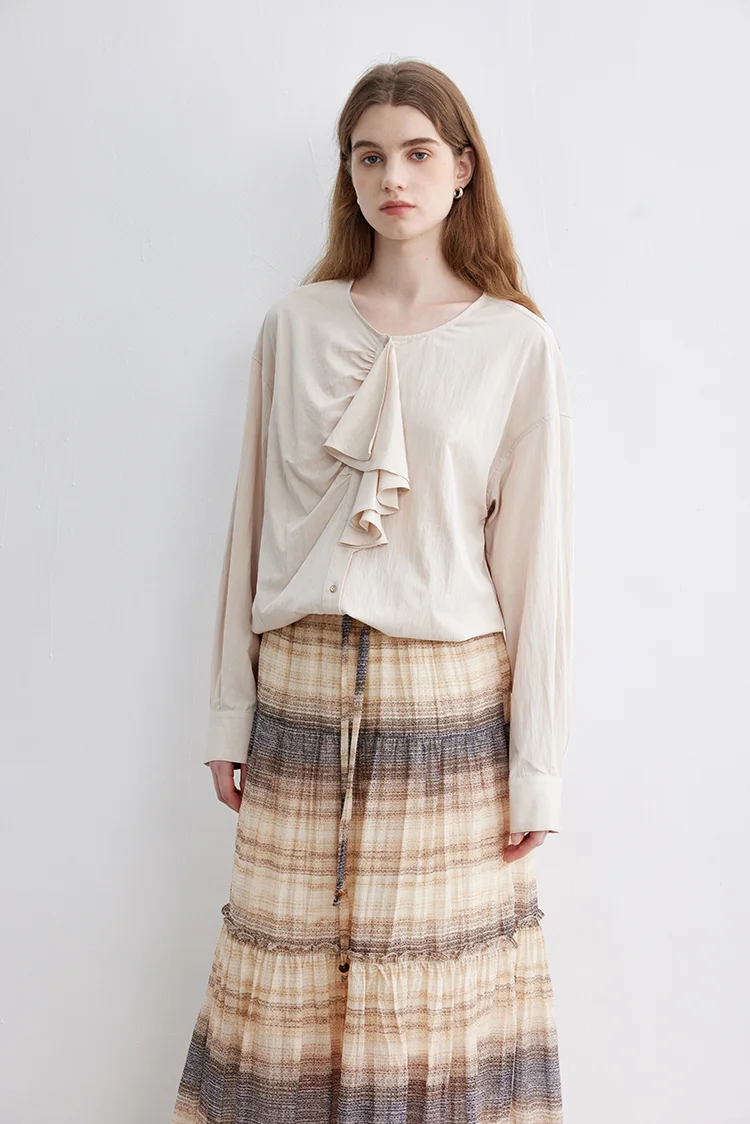 不对称剪裁|日系荷叶边门襟长袖衬衫