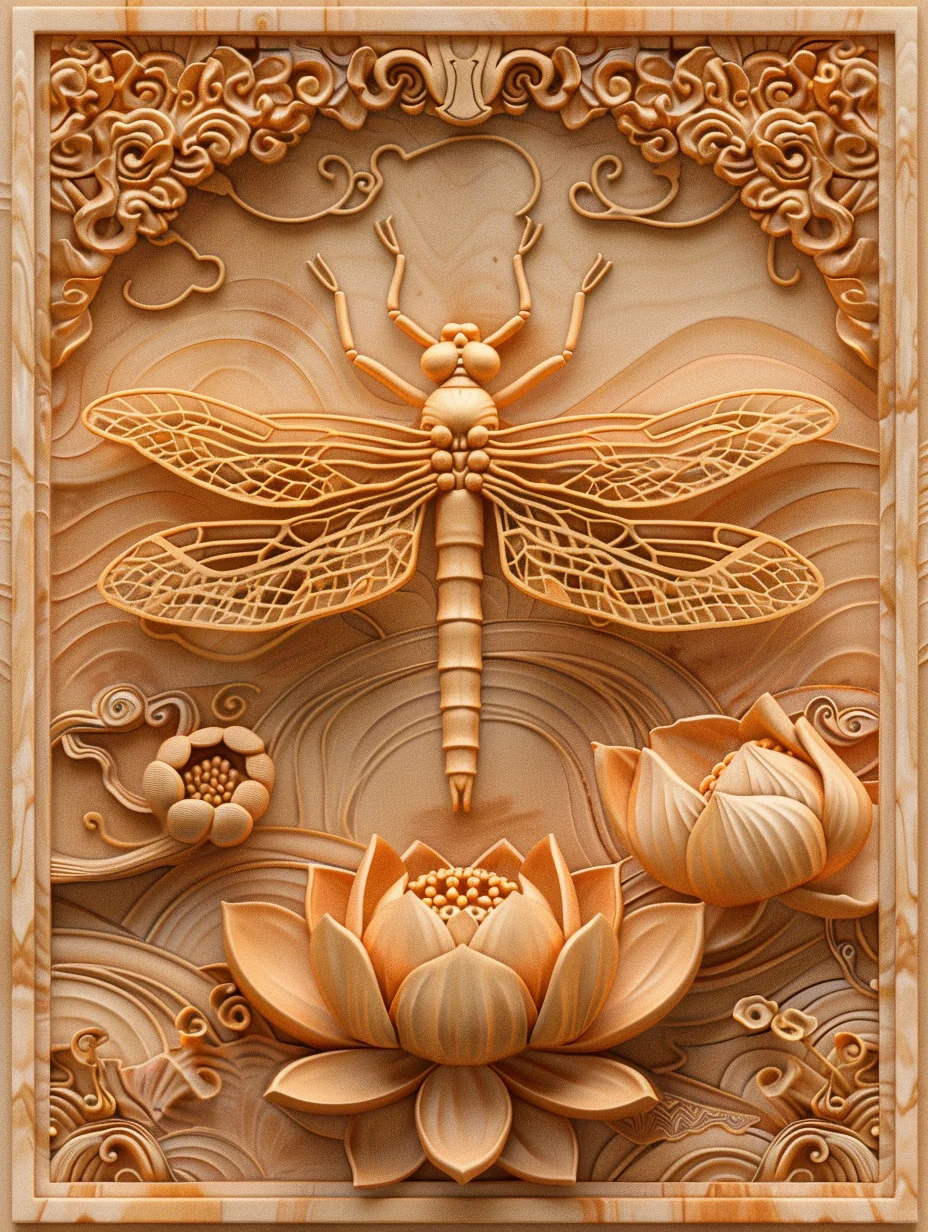 蜻蜓 荷花 吉祥图案 檀香木雕 mj